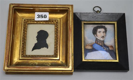 A 19th century oil on ivory miniature of a Swedish officer and a silhouette of a gentleman